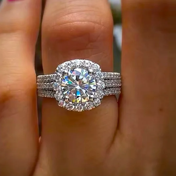 NEW! Silver Diamond Halo Ring 3 Rows Micro Pave NWT - Picture 1 of 7